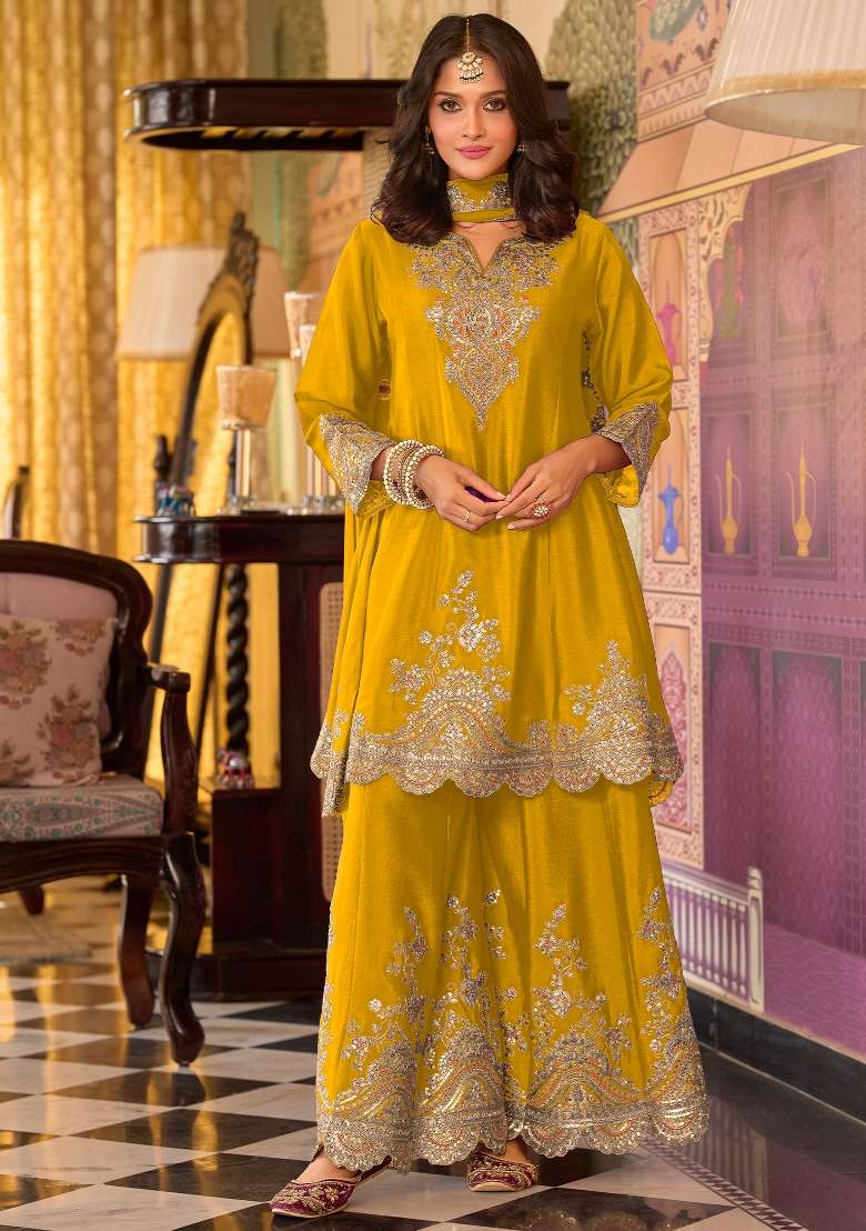 Green Embroidery Chinnon Kurta Set - Indya