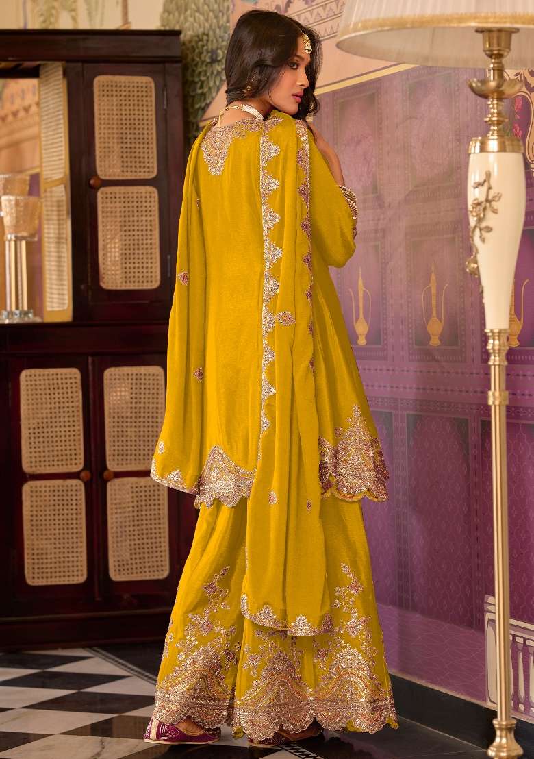 Green Embroidery Chinnon Kurta Set - Indya