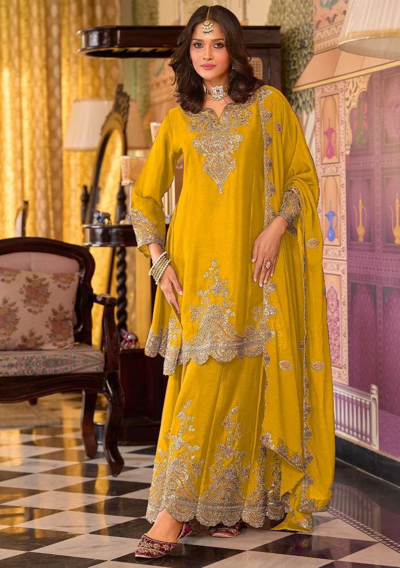 Green Embroidery Chinnon Kurta Set - Indya