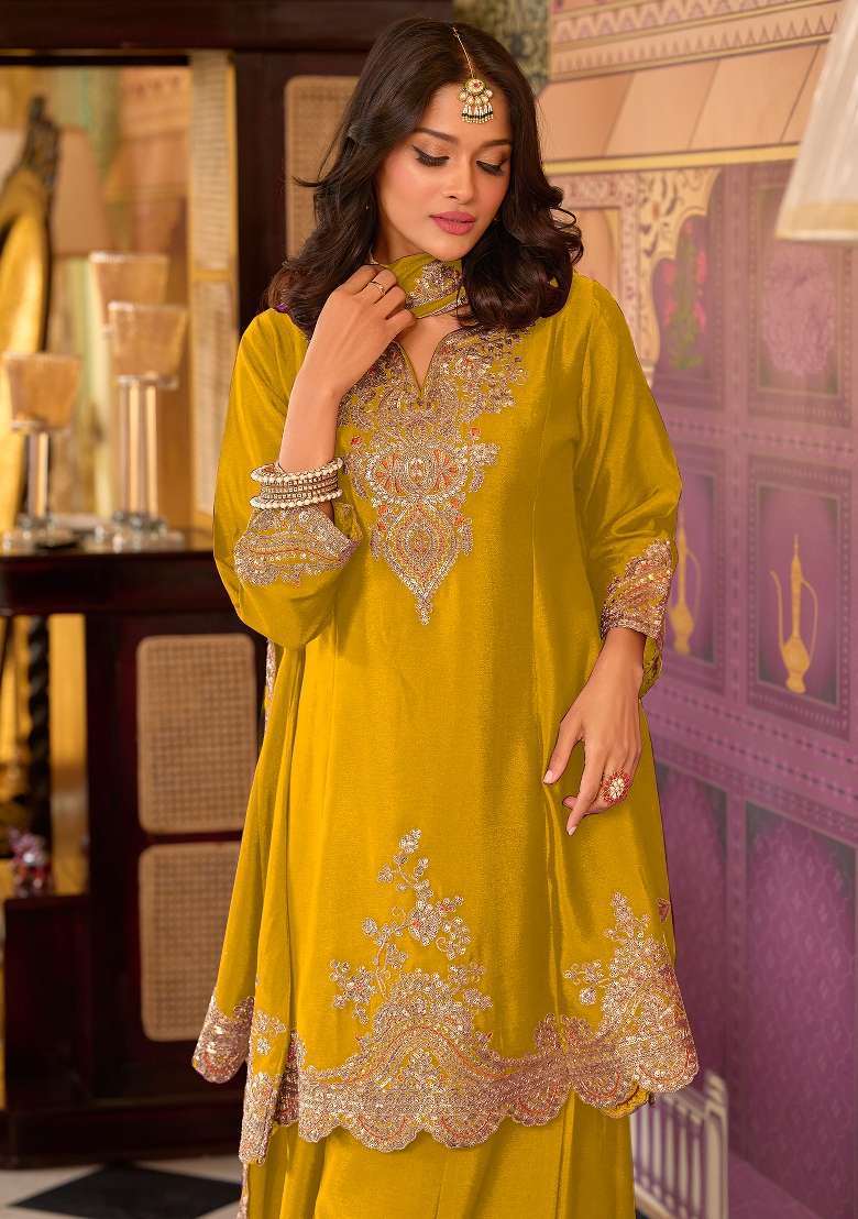 Green Embroidery Chinnon Kurta Set - Indya