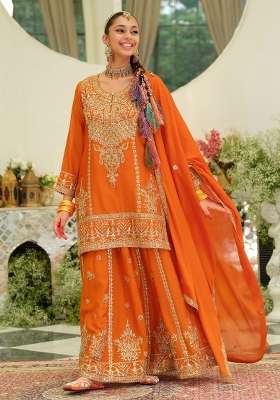 Orange Embroidery Chinnon Kurta Set