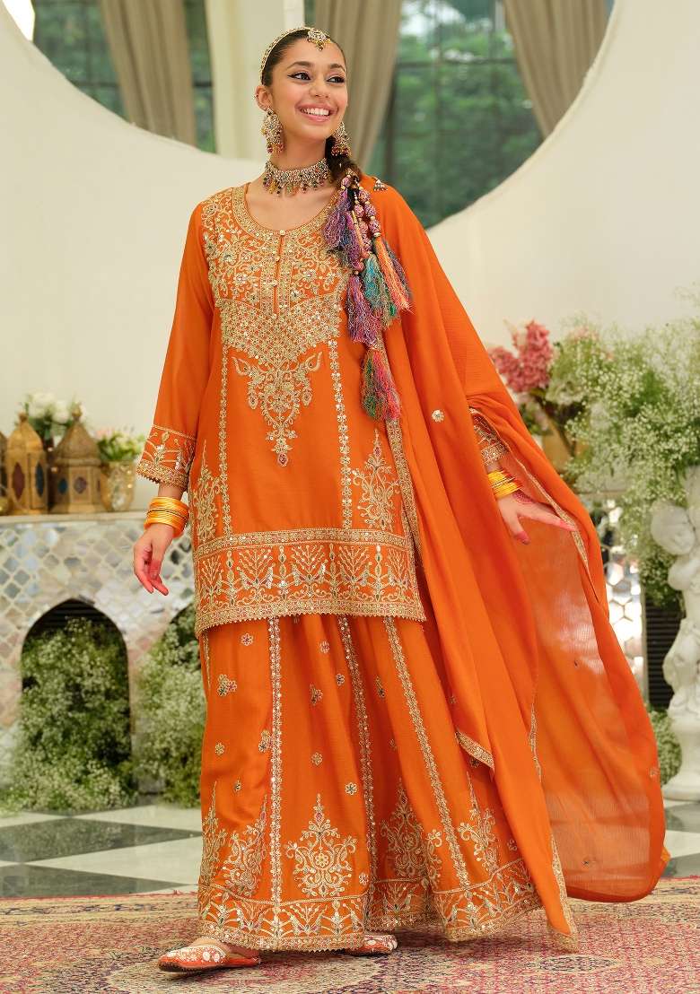 Orange Embroidery Chinnon Kurta Set - Indya