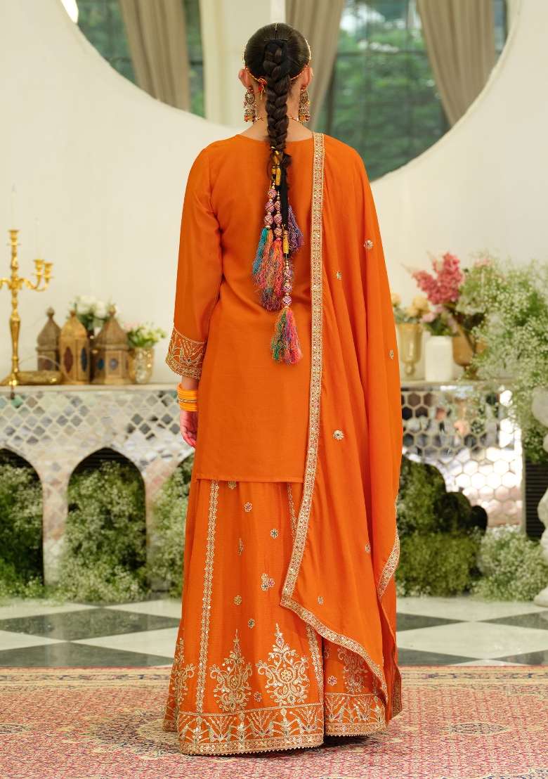 Orange Embroidery Chinnon Kurta Set - Indya