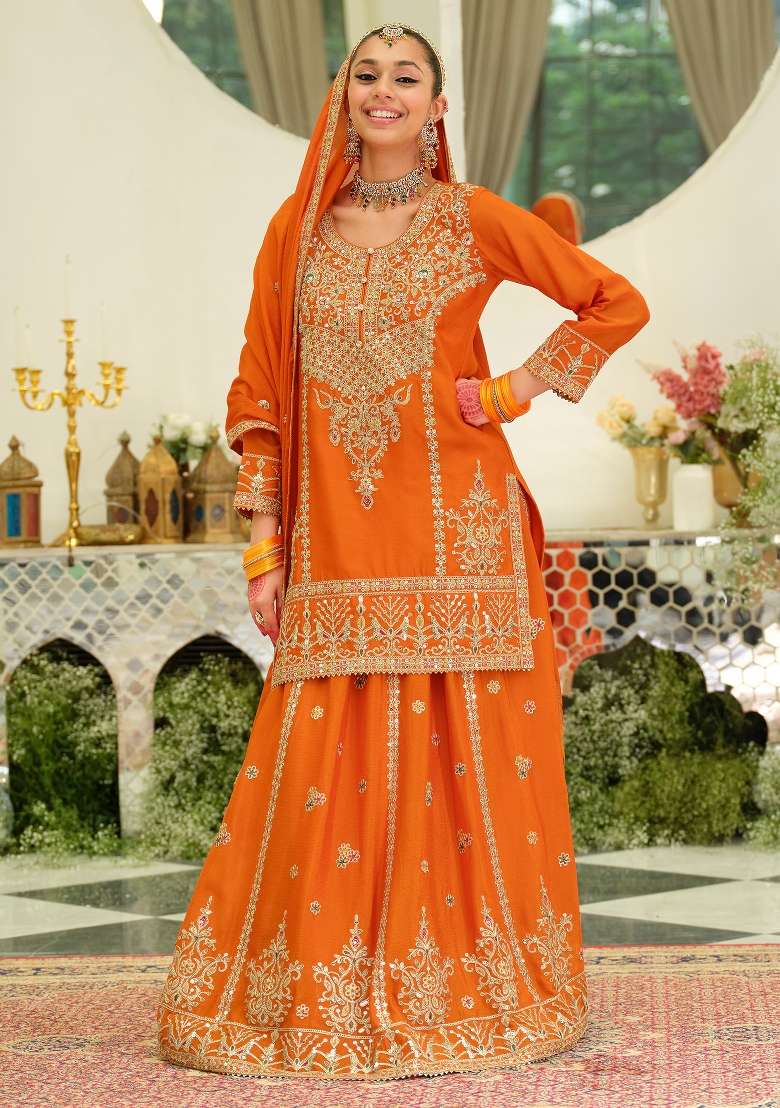 Orange Embroidery Chinnon Kurta Set - Indya