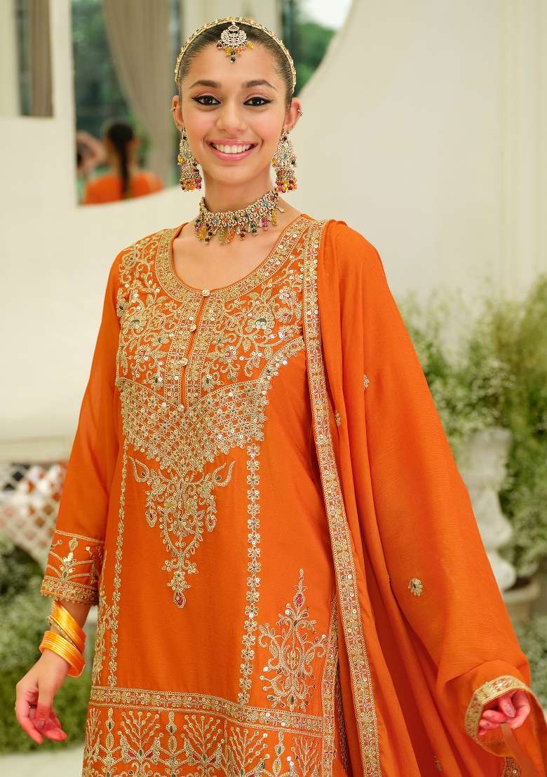 Orange Embroidery Chinnon Kurta Set - Indya