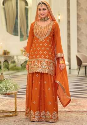Orange Embroidery Chinnon Kurta Set