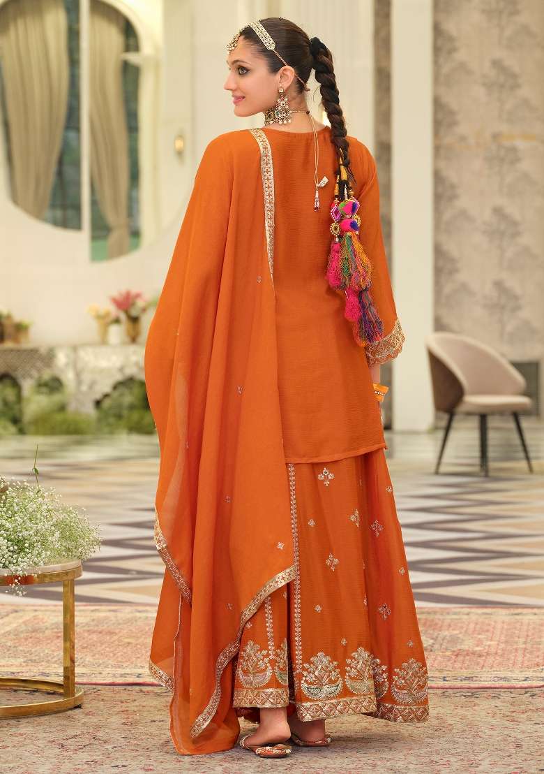 Orange Embroidery Chinnon Kurta Set - Indya
