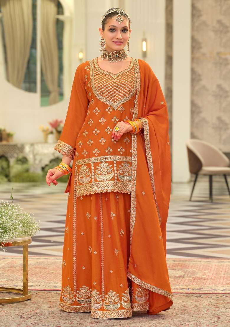 Orange Embroidery Chinnon Kurta Set - Indya