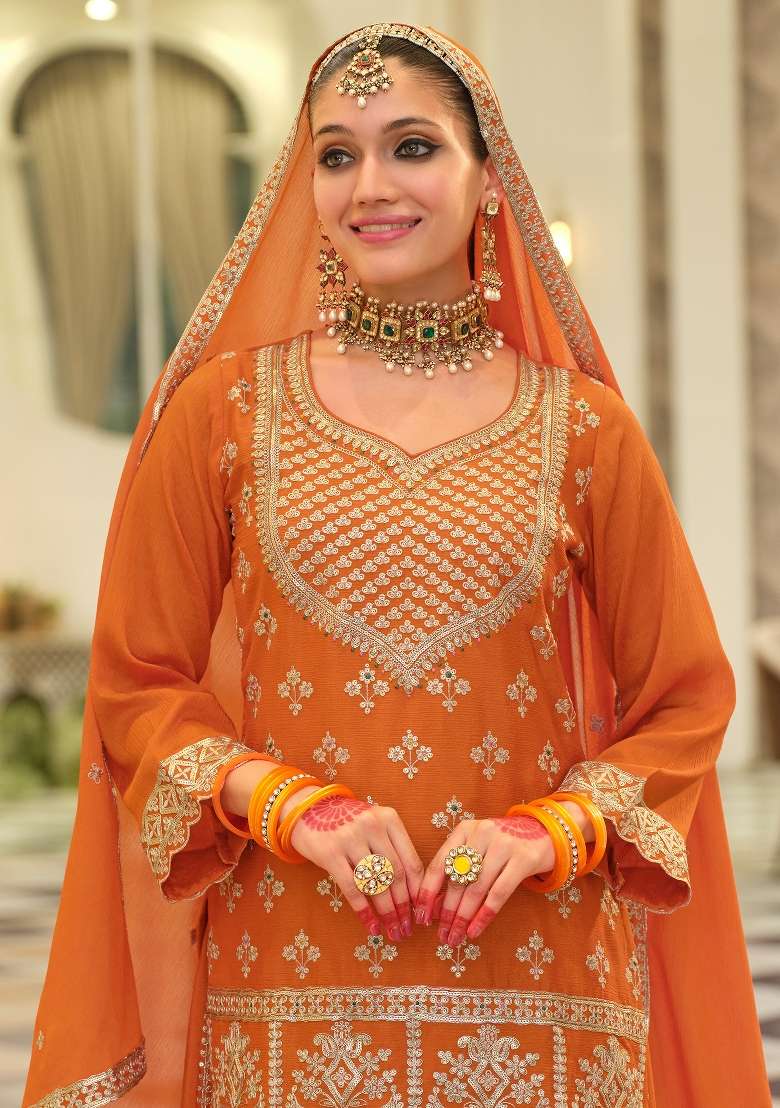 Orange Embroidery Chinnon Kurta Set - Indya
