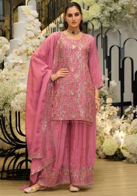 Pink Embroidery Silk Kurta Set
