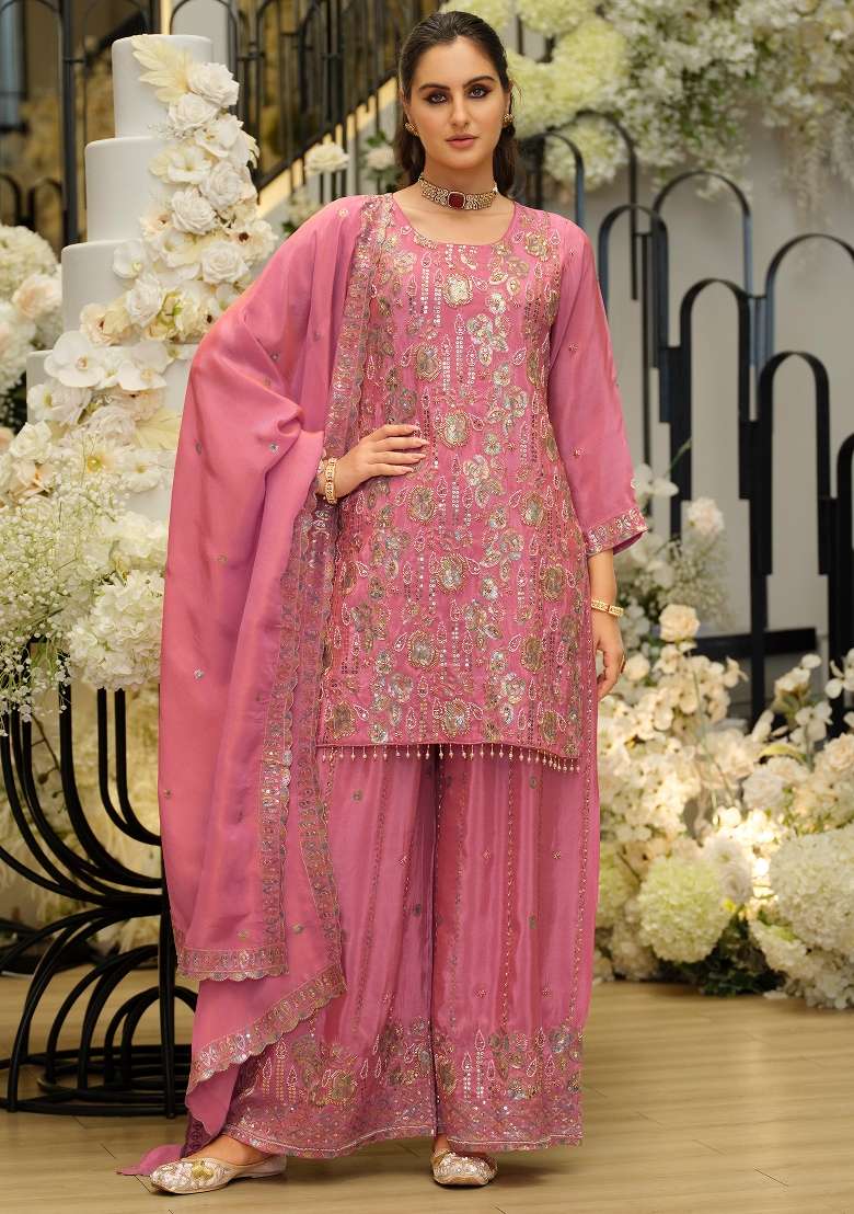 Pink Embroidery Silk Kurta Set - Indya
