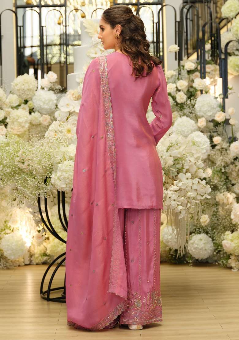 Pink Embroidery Silk Kurta Set - Indya