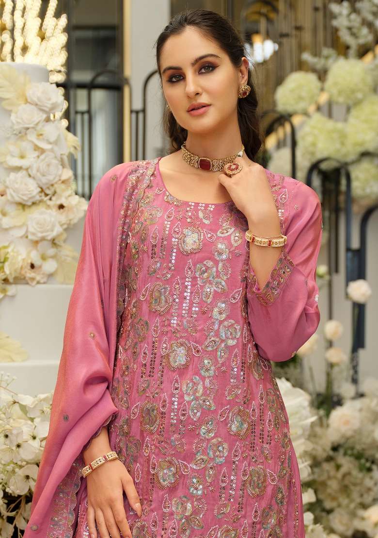 Pink Embroidery Silk Kurta Set - Indya