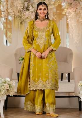 Mustard Embroidery Silk Kurta Set