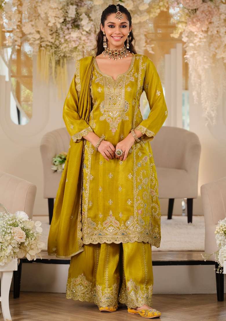 Mustard Embroidery Silk Kurta Set - Indya