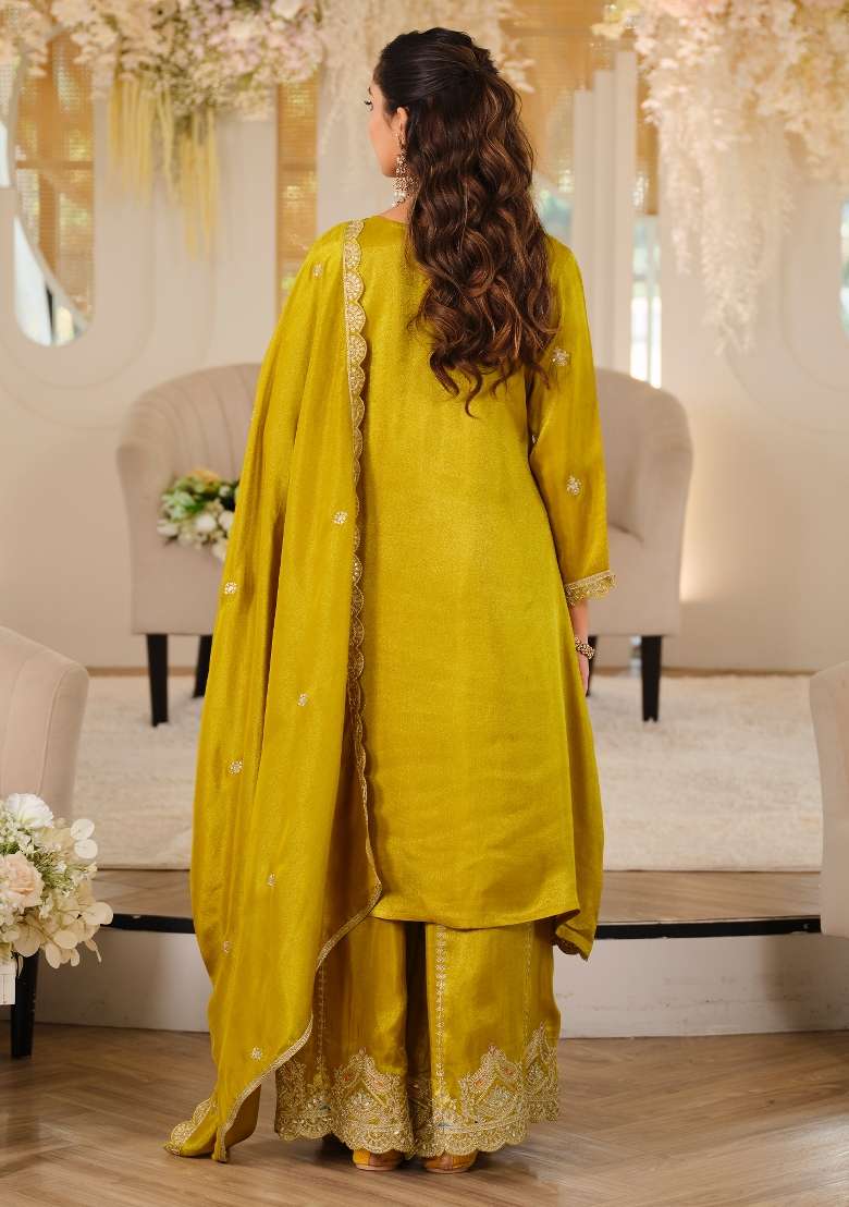 Mustard Embroidery Silk Kurta Set - Indya