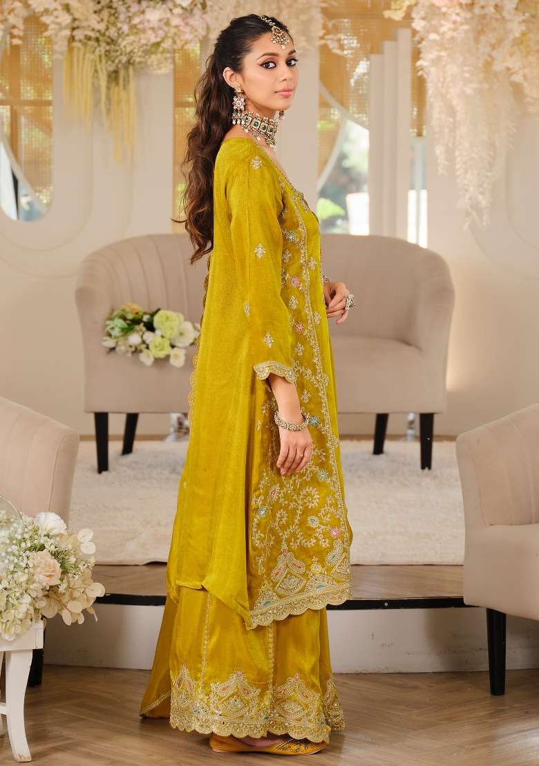 Mustard Embroidery Silk Kurta Set - Indya