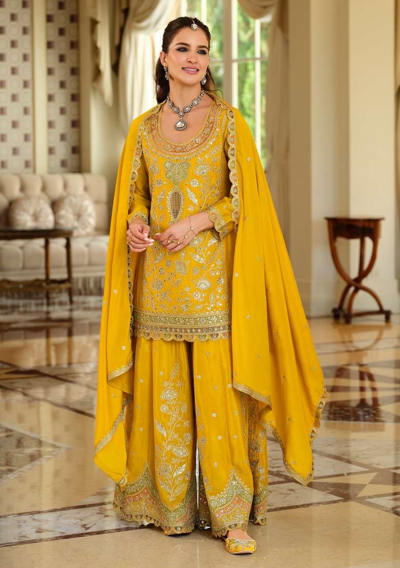 Yellow Embroidery Silk Kurta Set - Indya