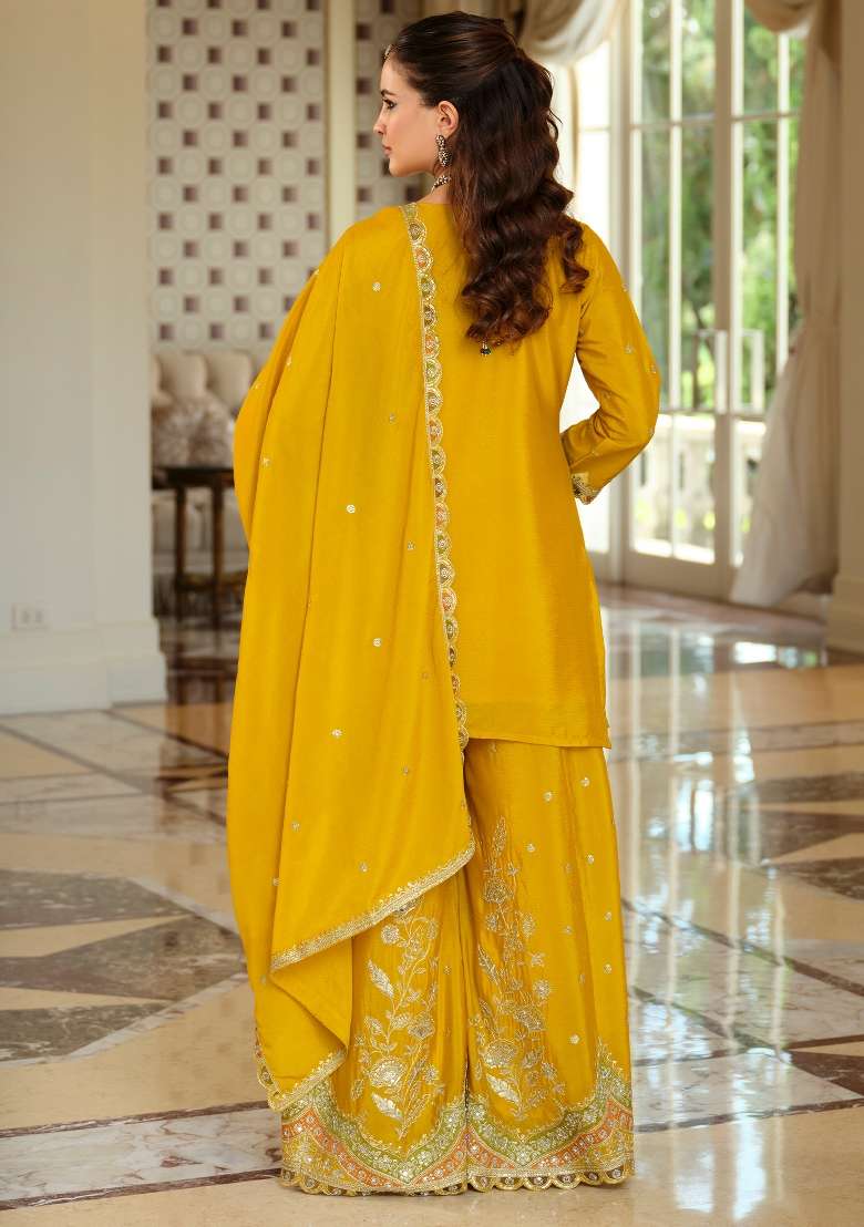 Yellow Embroidery Silk Kurta Set - Indya