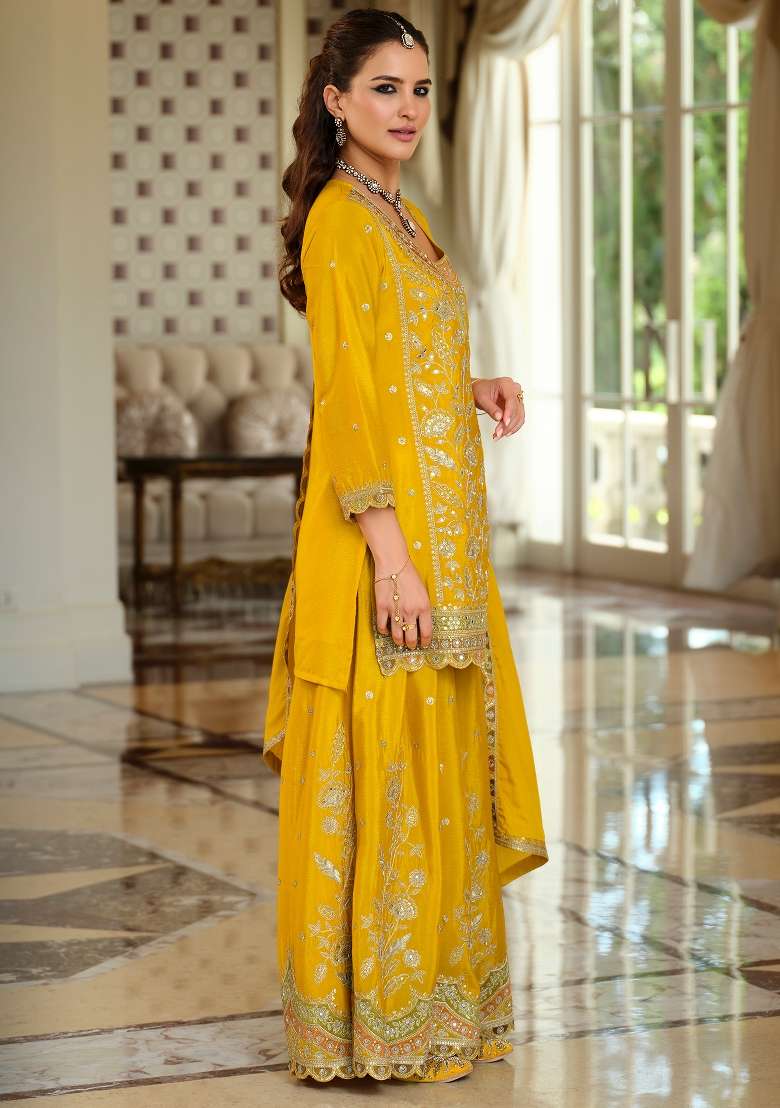 Yellow Embroidery Silk Kurta Set - Indya
