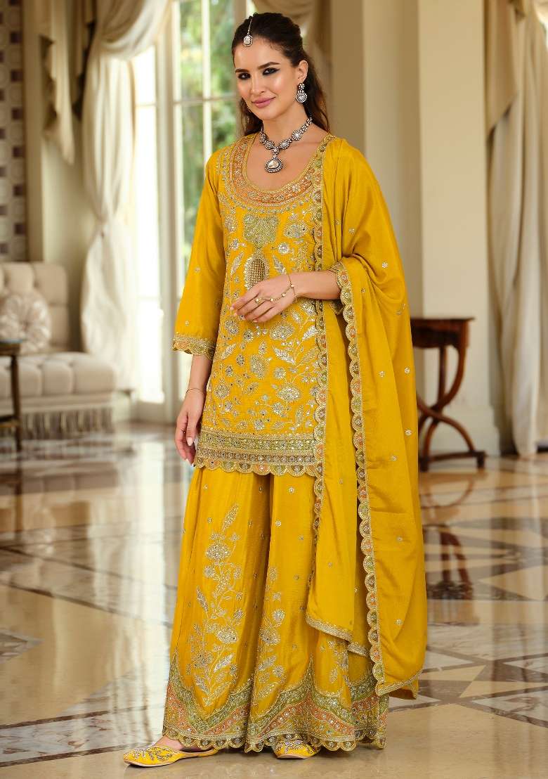 Yellow Embroidery Silk Kurta Set - Indya