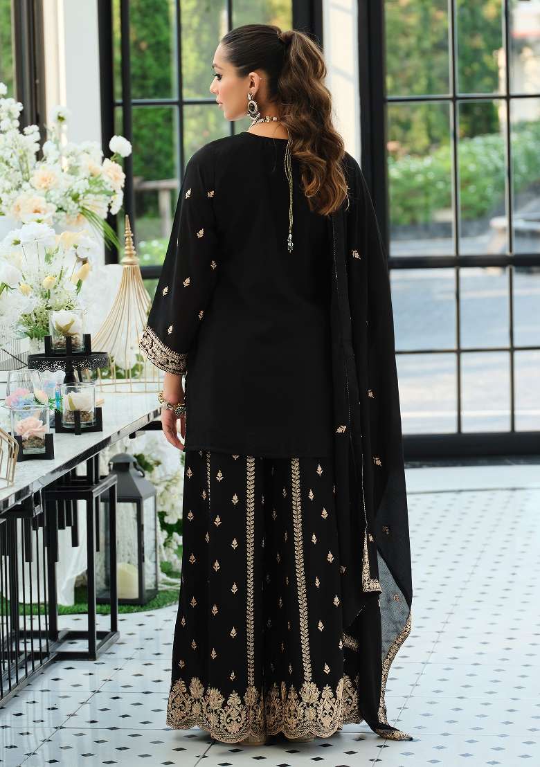 Black Embroidery Silk Kurta Set - Indya