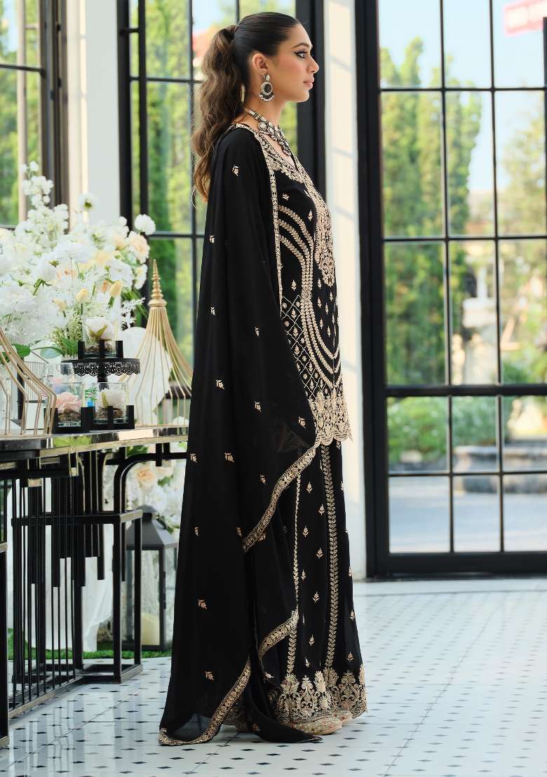 Black Embroidery Silk Kurta Set - Indya
