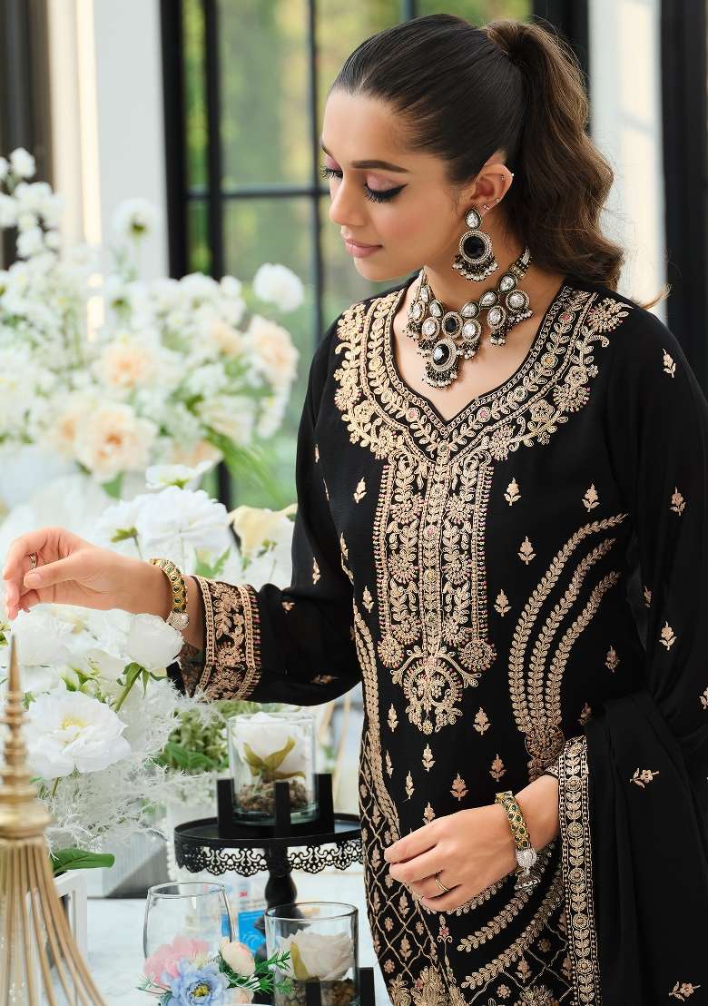 Black Embroidery Silk Kurta Set - Indya