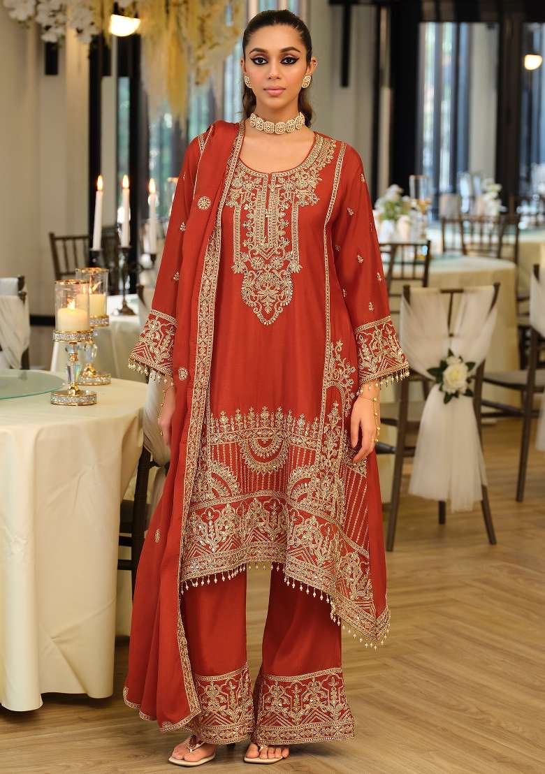 Orange Embroidery Silk Kurta Set - Indya