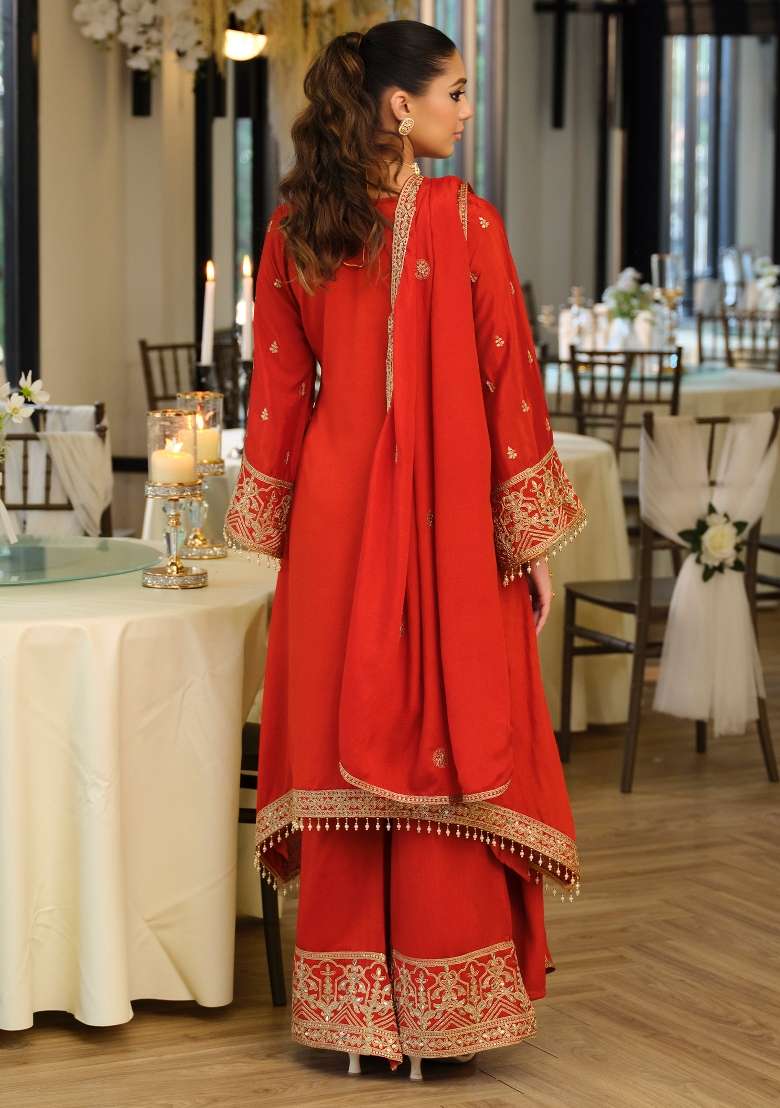 Orange Embroidery Silk Kurta Set - Indya
