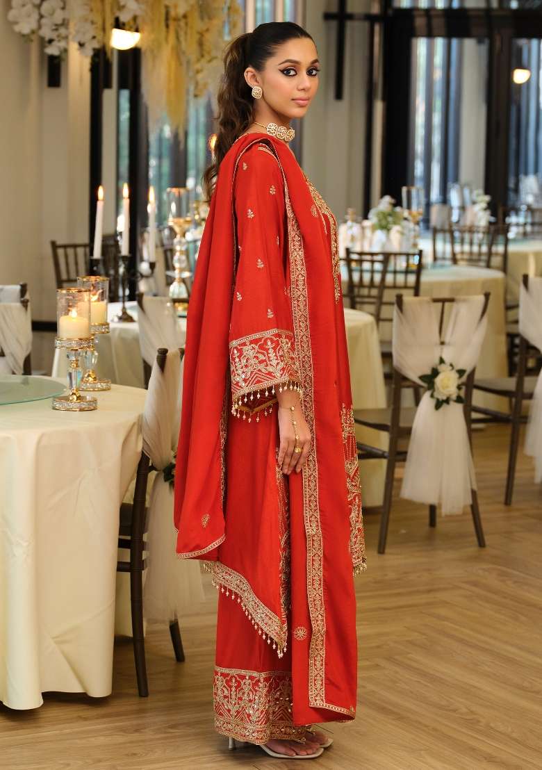 Orange Embroidery Silk Kurta Set - Indya