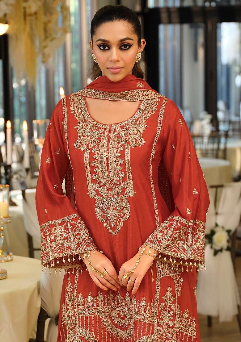 Orange Embroidery Silk Kurta Set - Indya