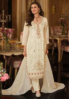 Cream Embroidery Silk Kurta Set
