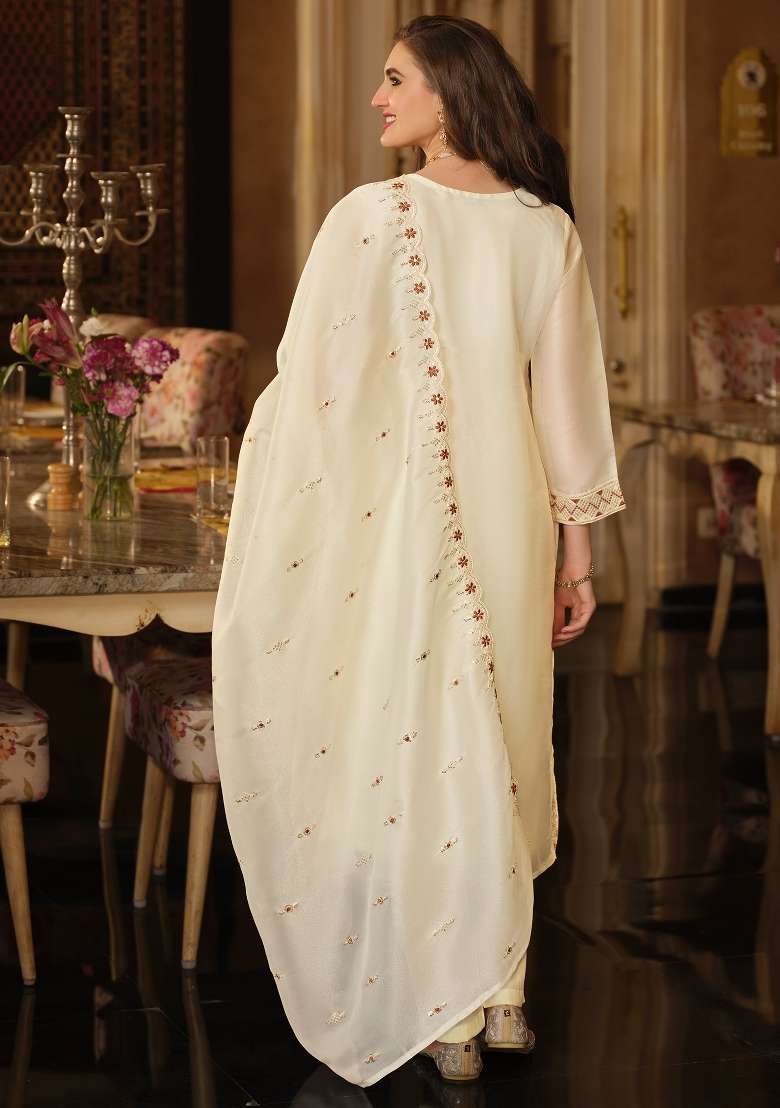 Cream Embroidery Silk Kurta Set - Indya