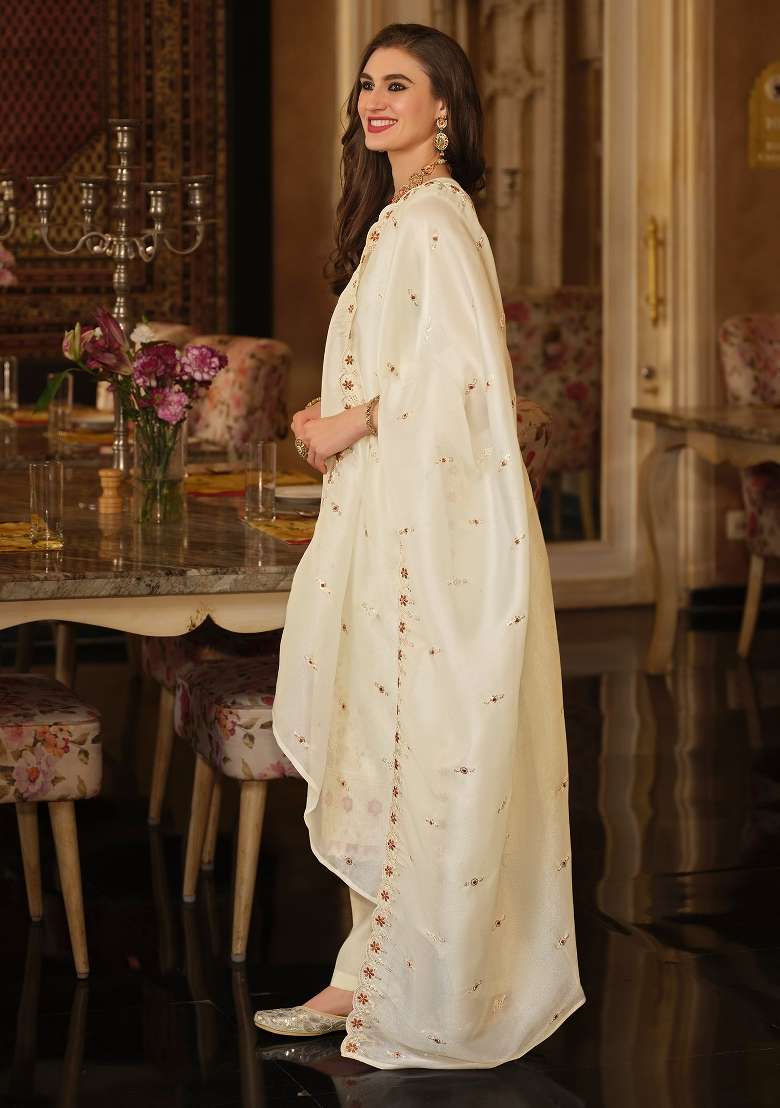 Cream Embroidery Silk Kurta Set - Indya