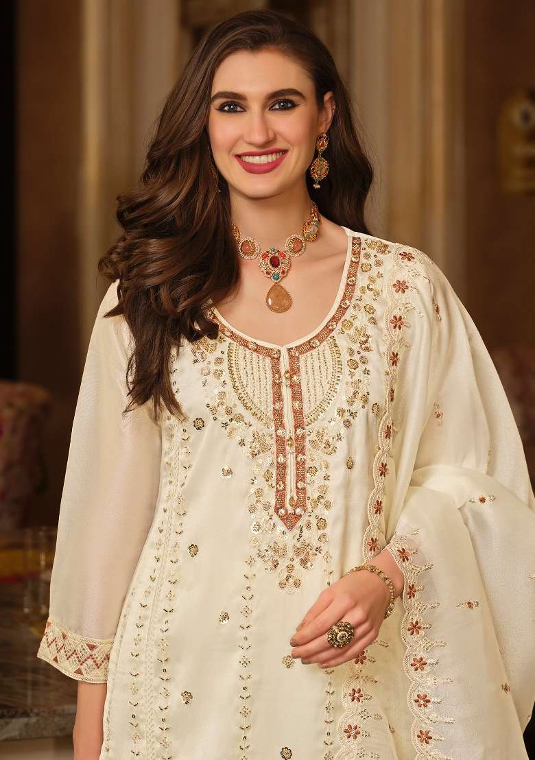 Cream Embroidery Silk Kurta Set - Indya