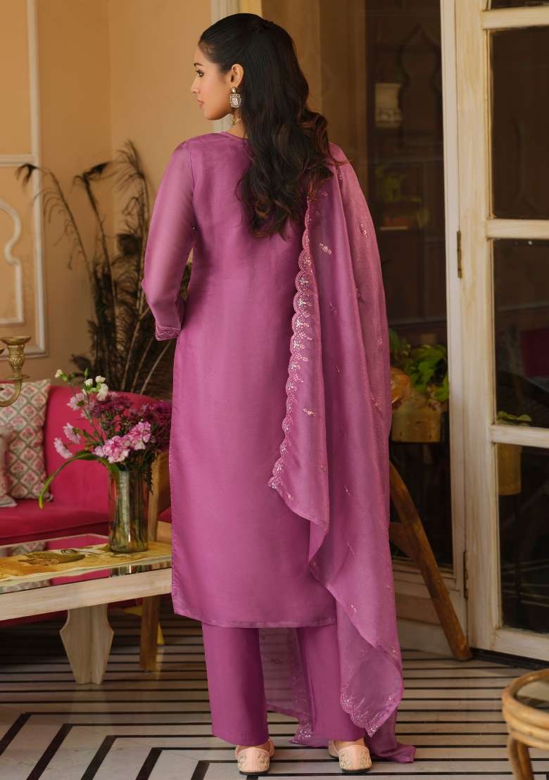 Pink Embroidery Silk Kurta Set - Indya