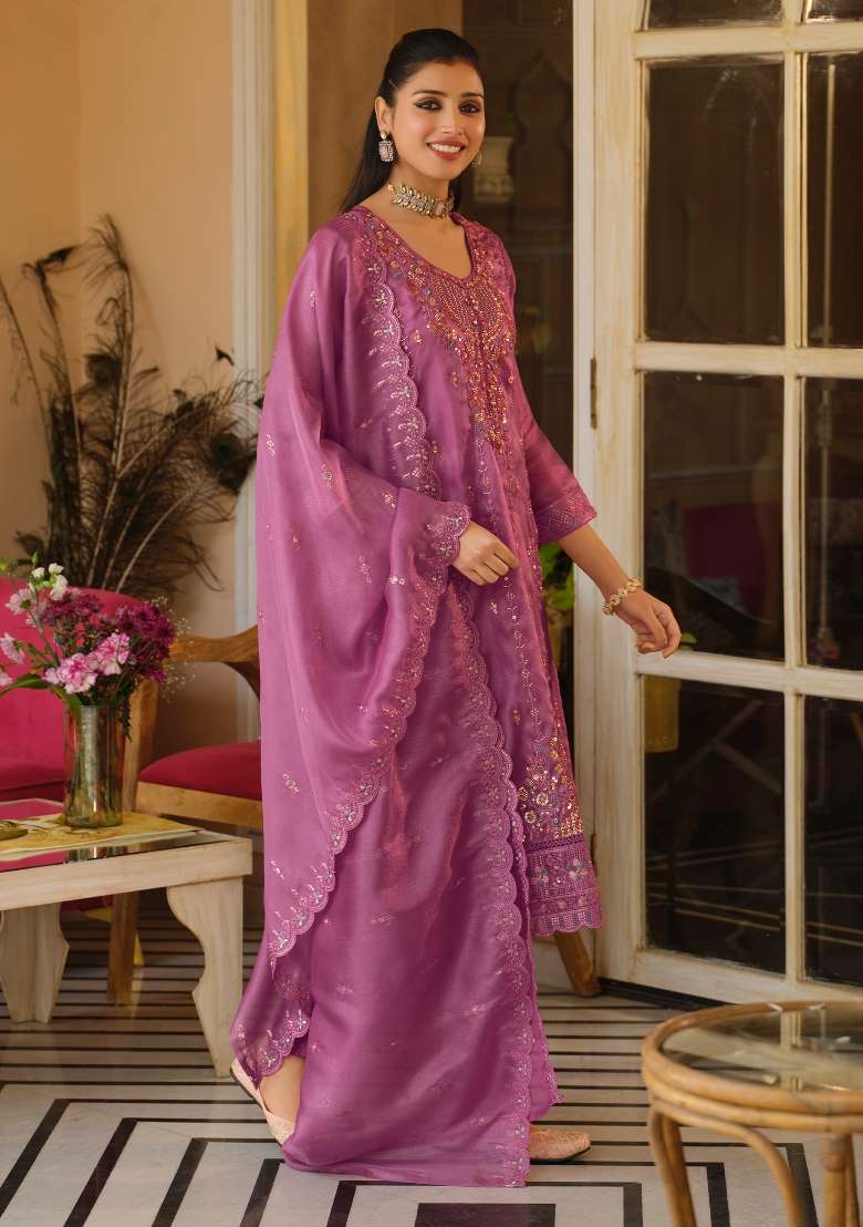 Pink Embroidery Silk Kurta Set - Indya
