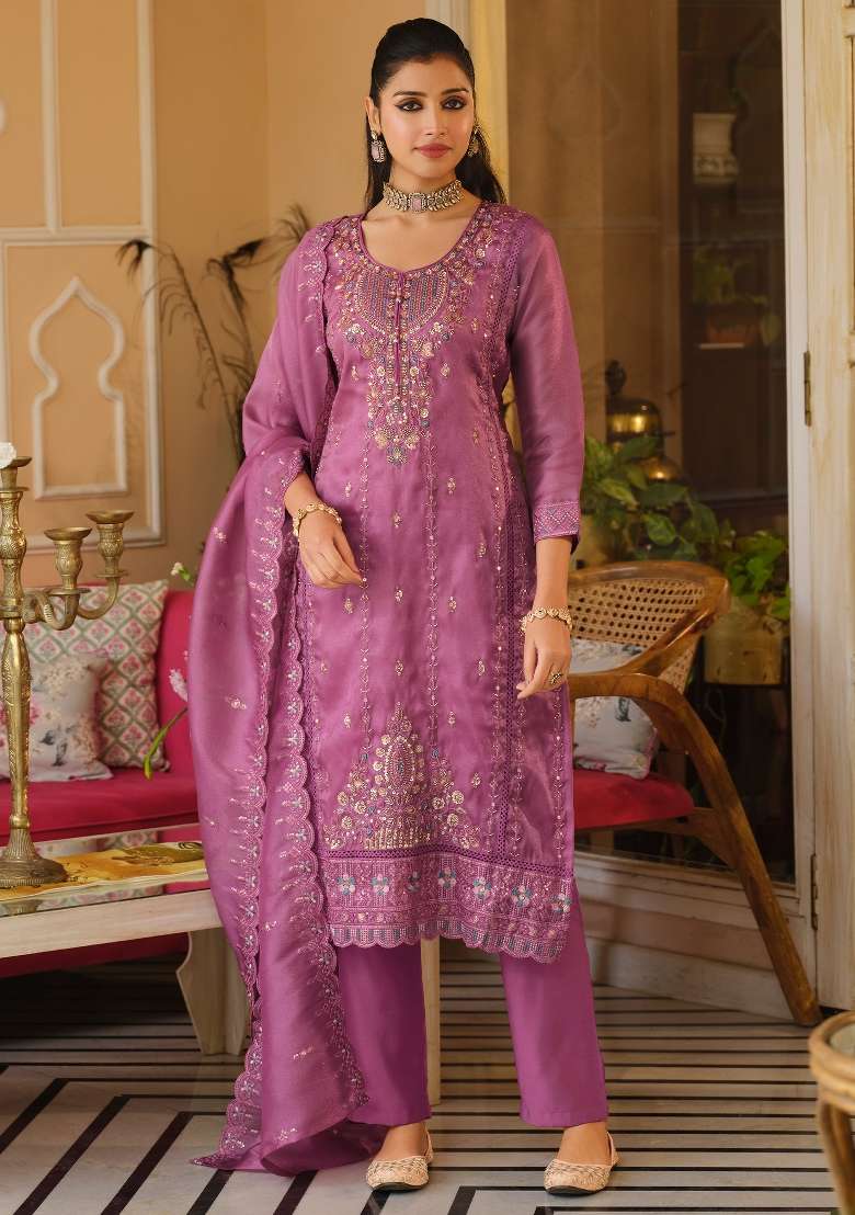 Pink Embroidery Silk Kurta Set - Indya