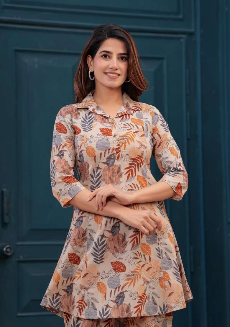 Beige  Cotton Kurta Set - Indya