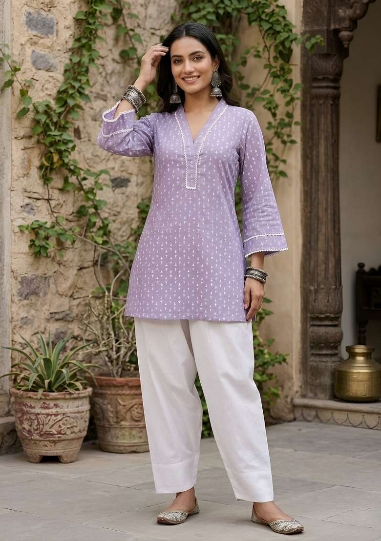 Lavender  Cotton Kurta Set - Indya