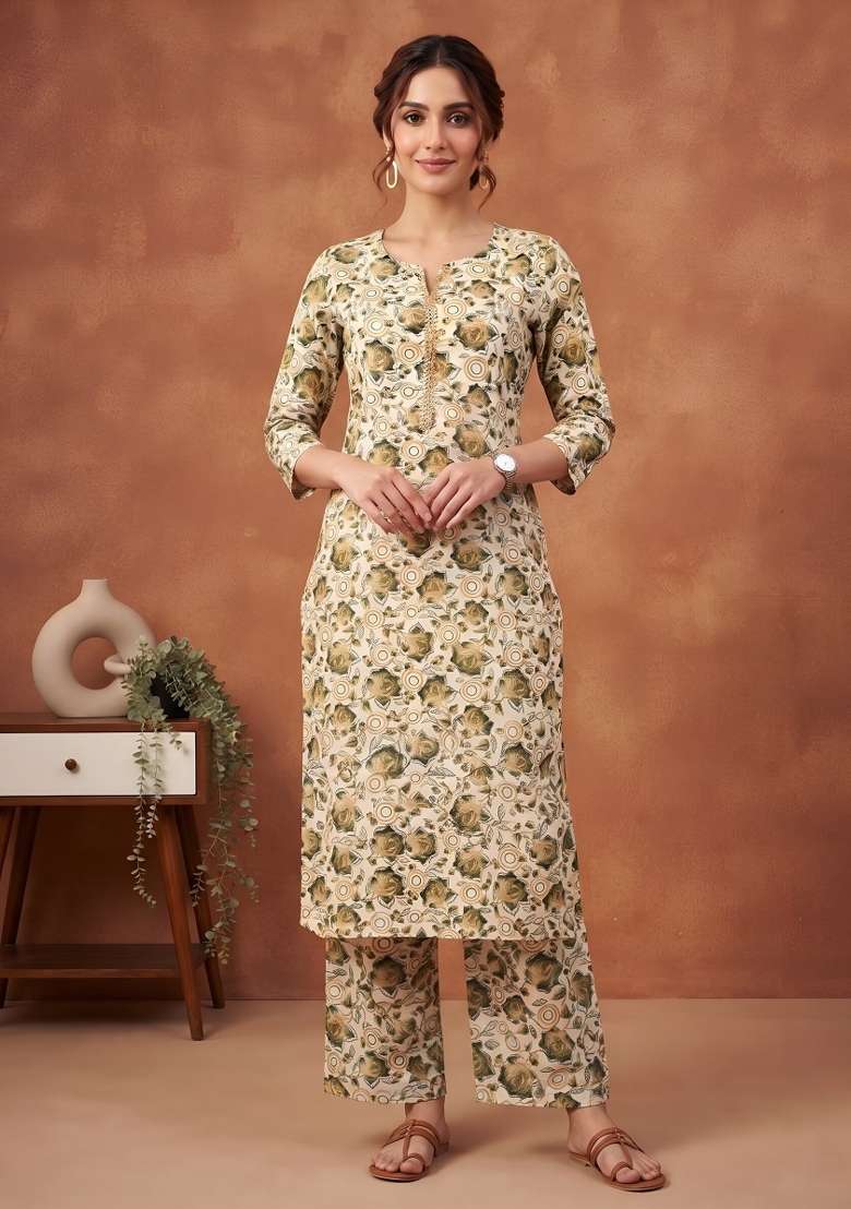 Cream  Cotton Kurta Set - Indya