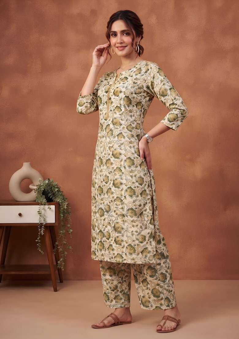 Cream  Cotton Kurta Set - Indya