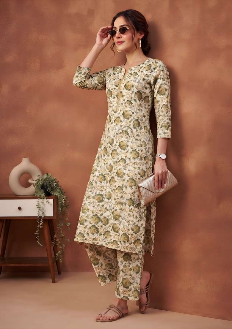 Cream  Cotton Kurta Set - Indya