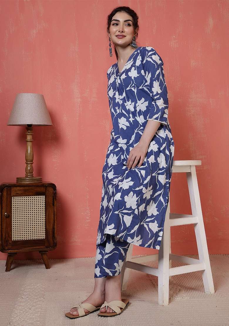 Blue  Cotton Kurta Set - Indya