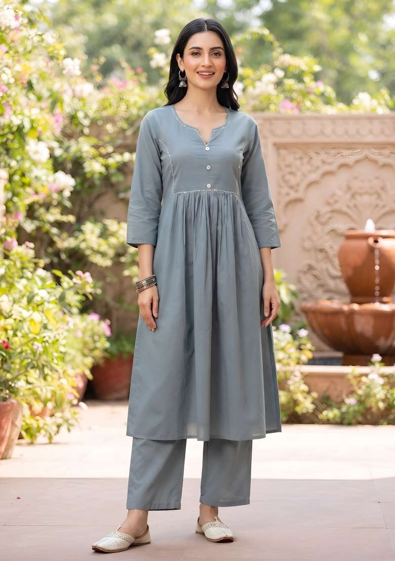 Grey  Cotton Kurta Set - Indya