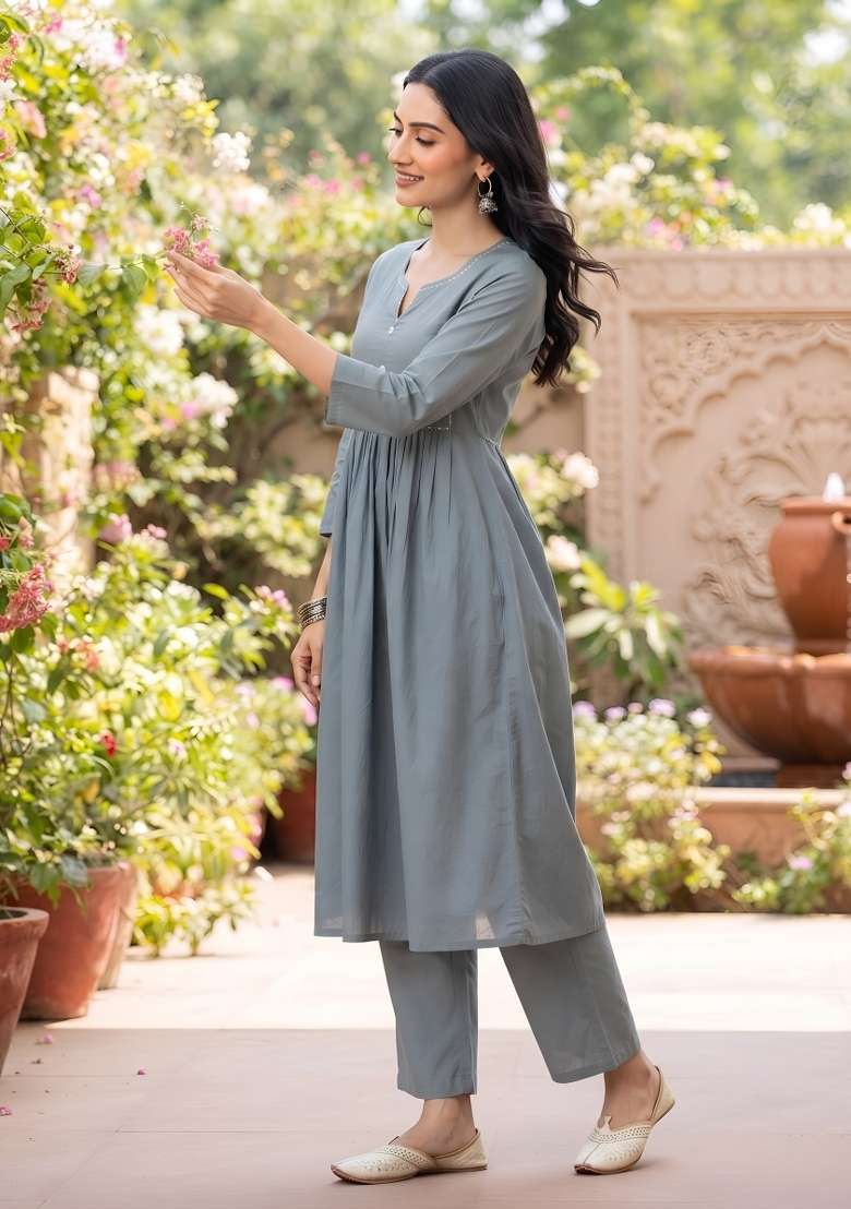 Grey  Cotton Kurta Set - Indya