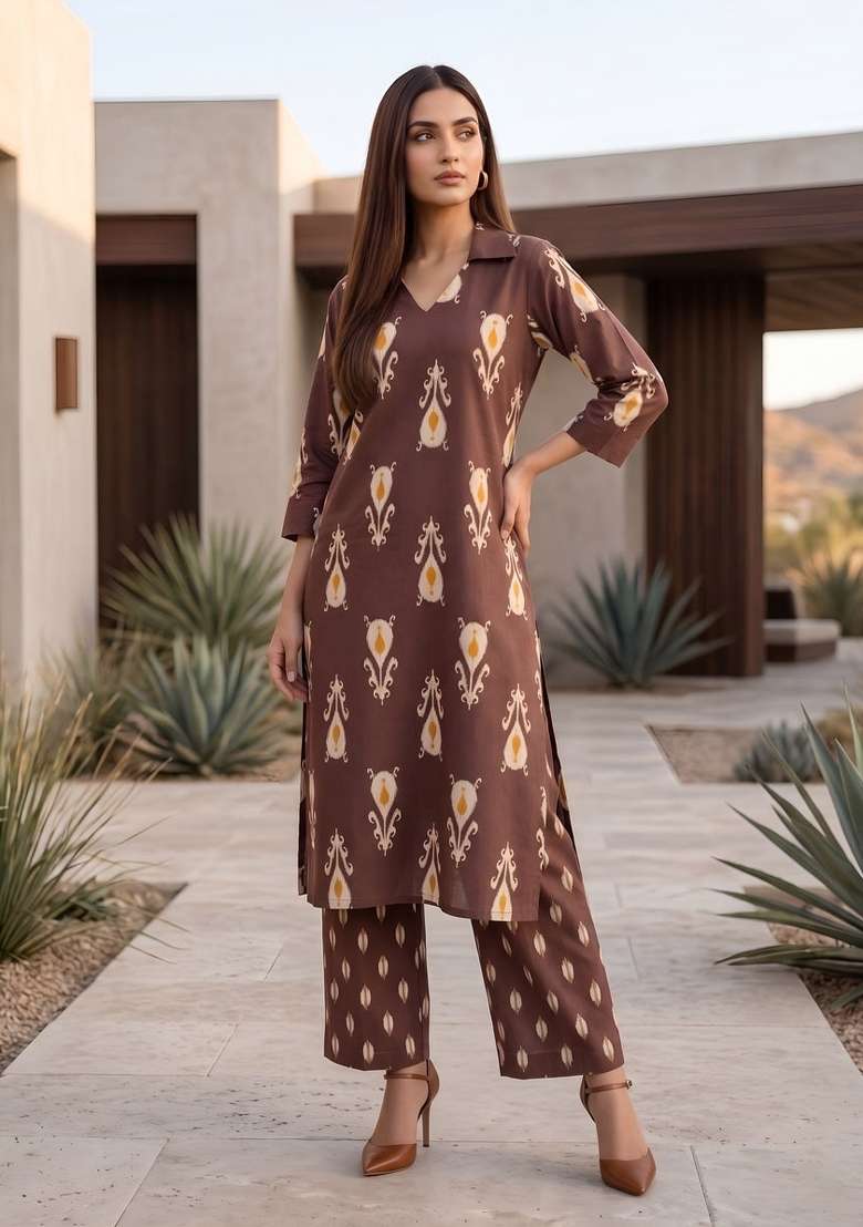 Brown  Cotton Kurta Set - Indya