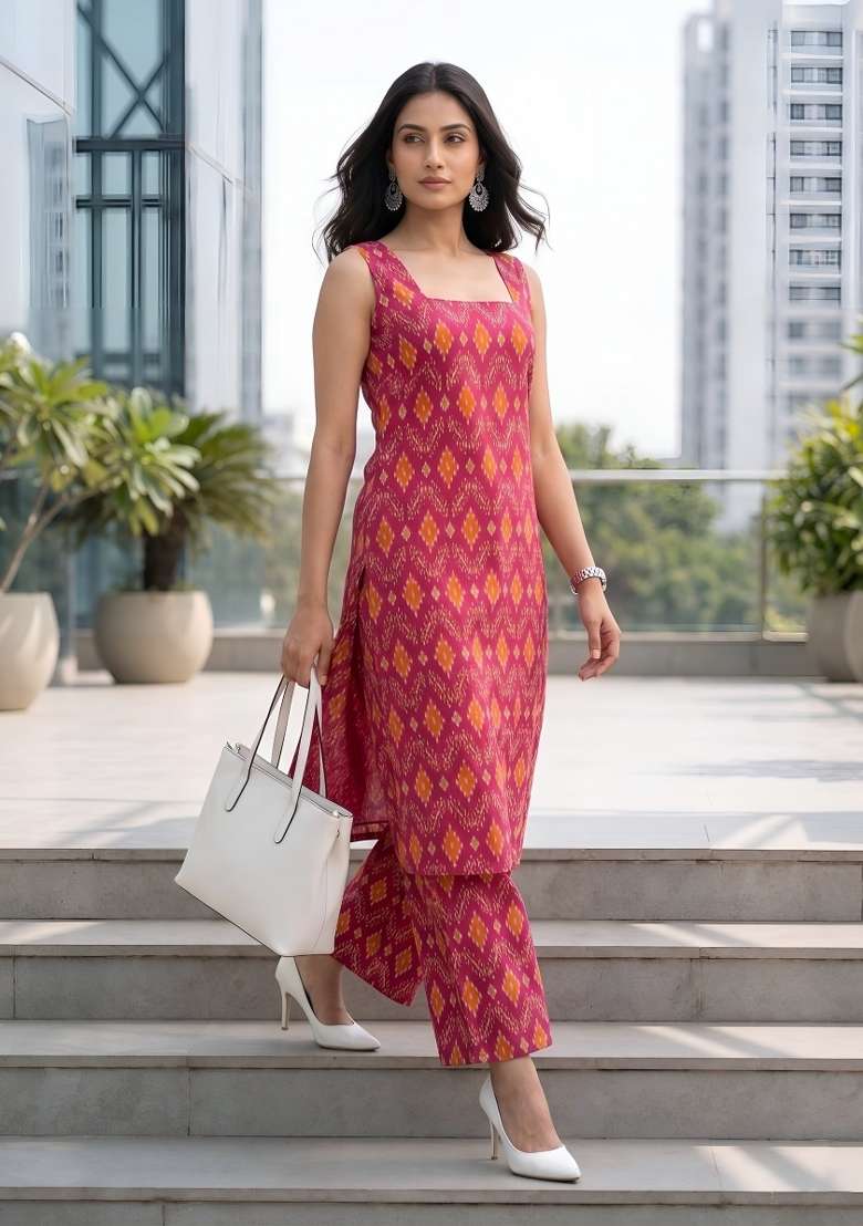 Pink  Cotton Kurta Set - Indya