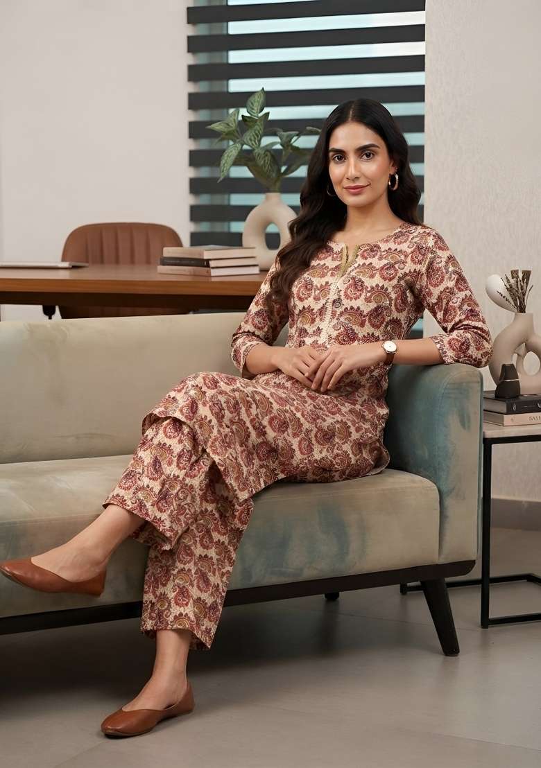 Cream  Cotton Kurta Set - Indya